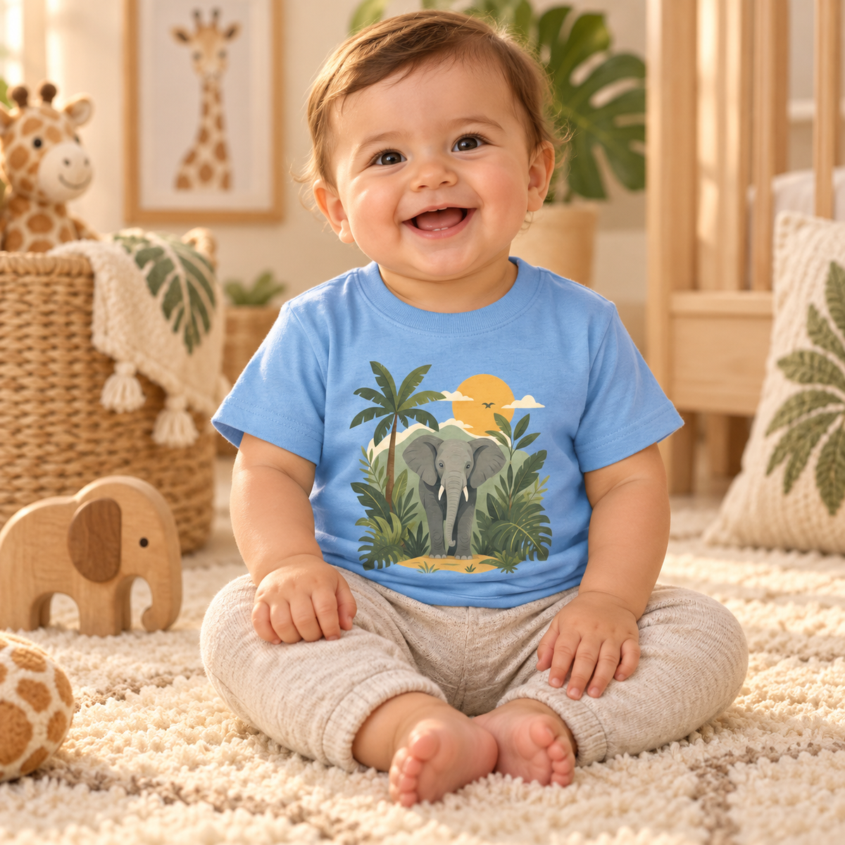 Safari Elephant Jungle Sunset infant T-shirt in Light Blue, safari nursery lifestyle model