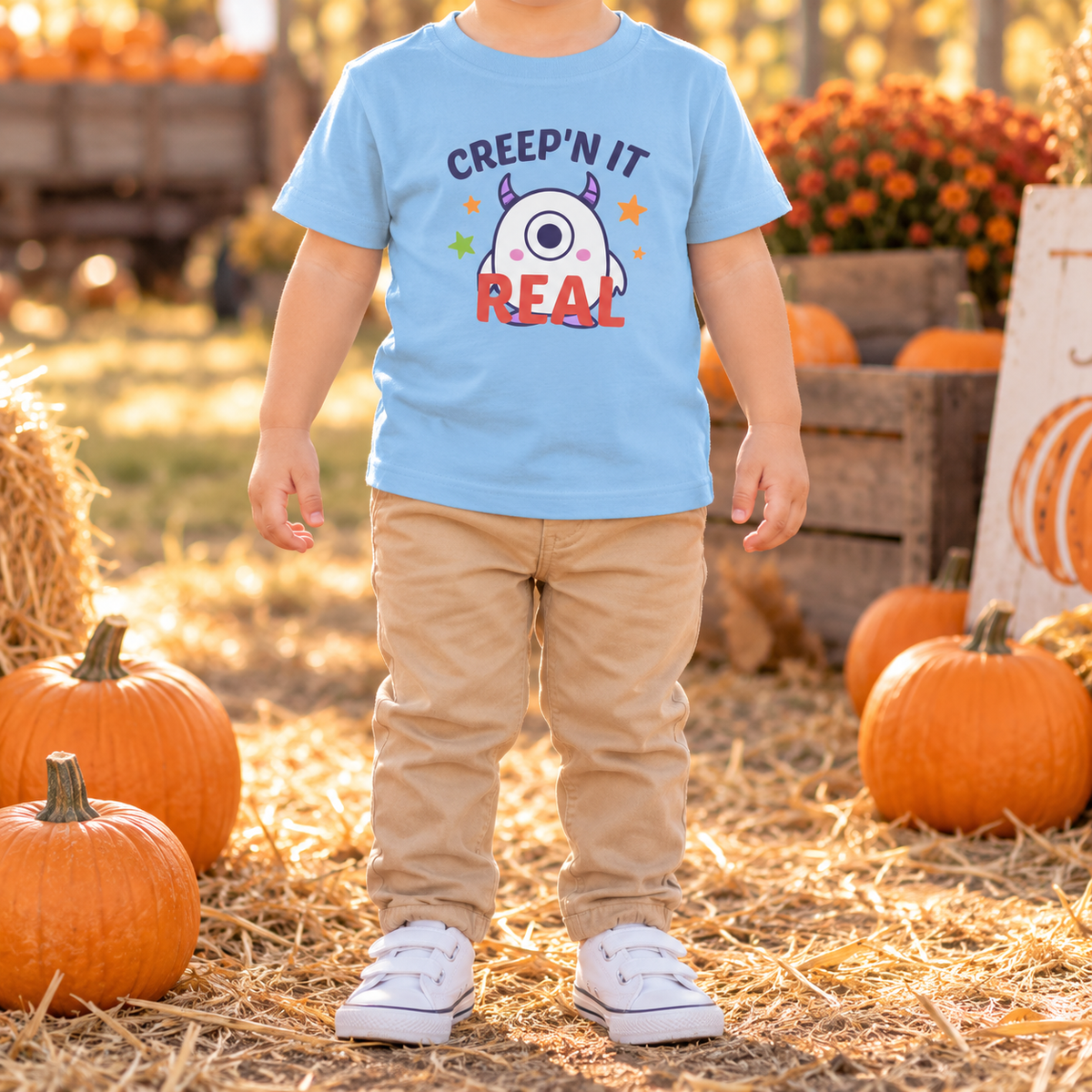Toddler wearing the updated light blue Creep'n It Real T-shirt at a pumpkin patch