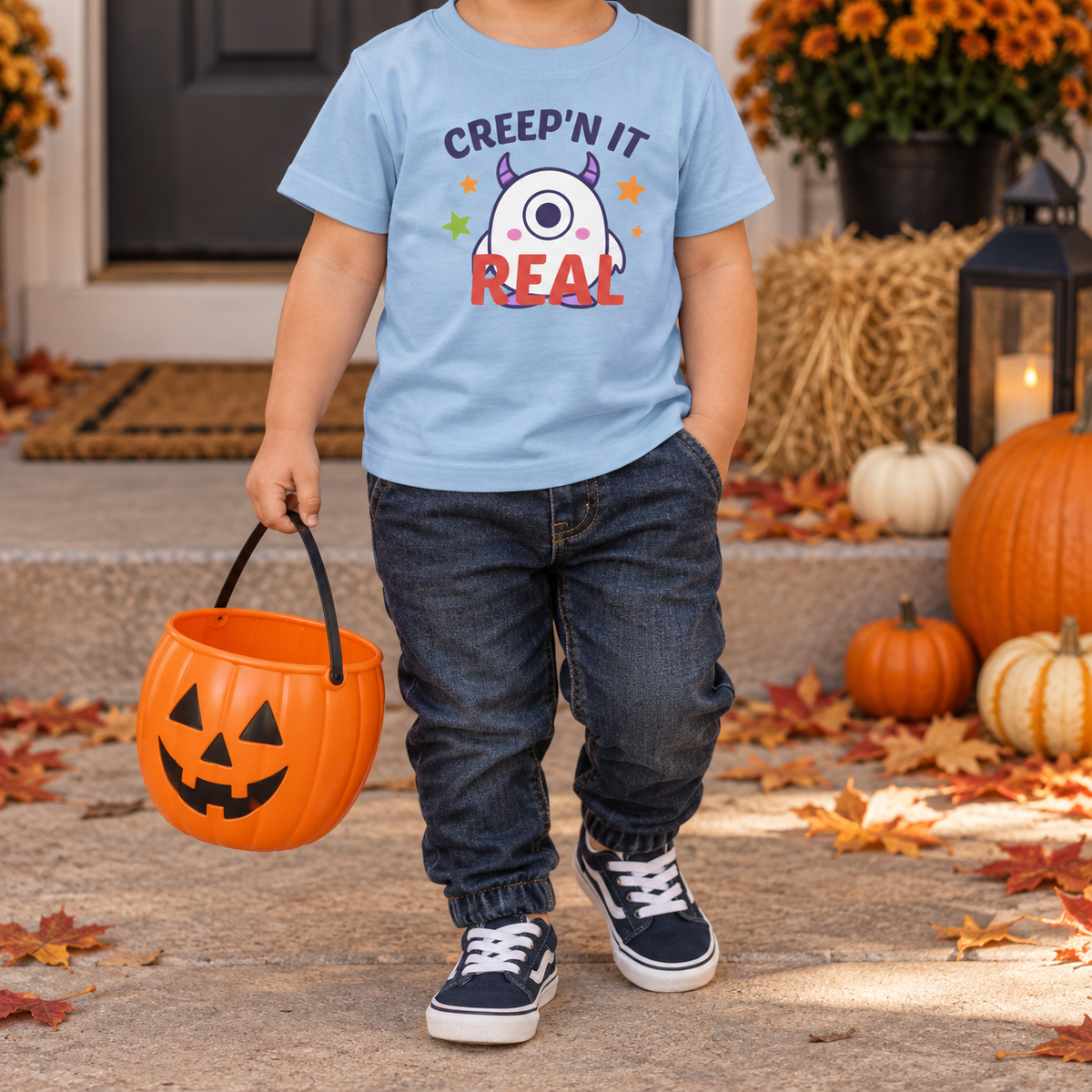 Toddler wearing the updated light blue Creep'n It Real T-shirt with a trick-or-treat bucket