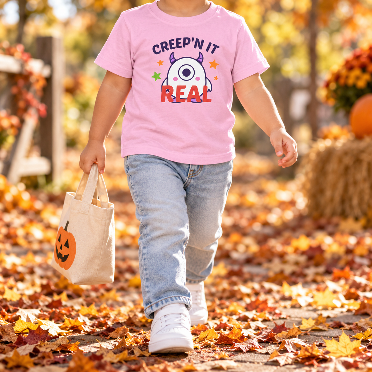 Toddler wearing the updated pink Creep'n It Real T-shirt during an autumn walk
