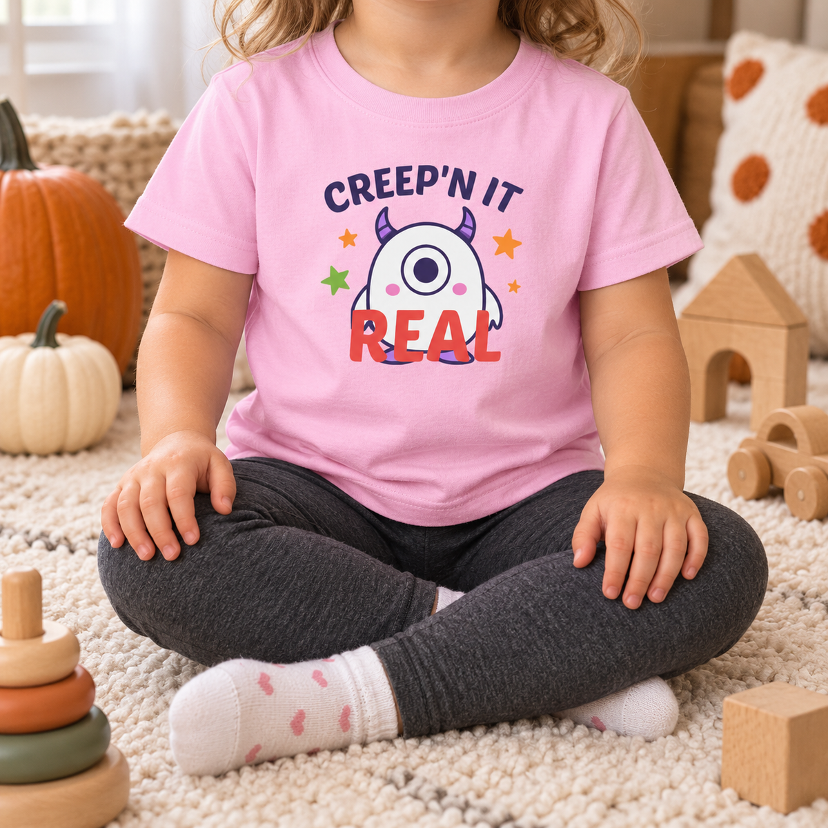 Toddler wearing the updated pink Creep'n It Real T-shirt in a cozy fall playroom