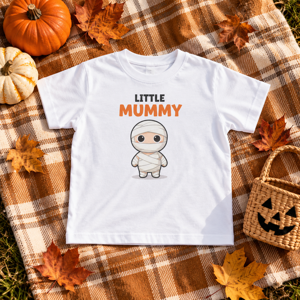Toddler Little Mummy T-shirt flatlay with pumpkins and autumn leaves on a plaid picnic blanket