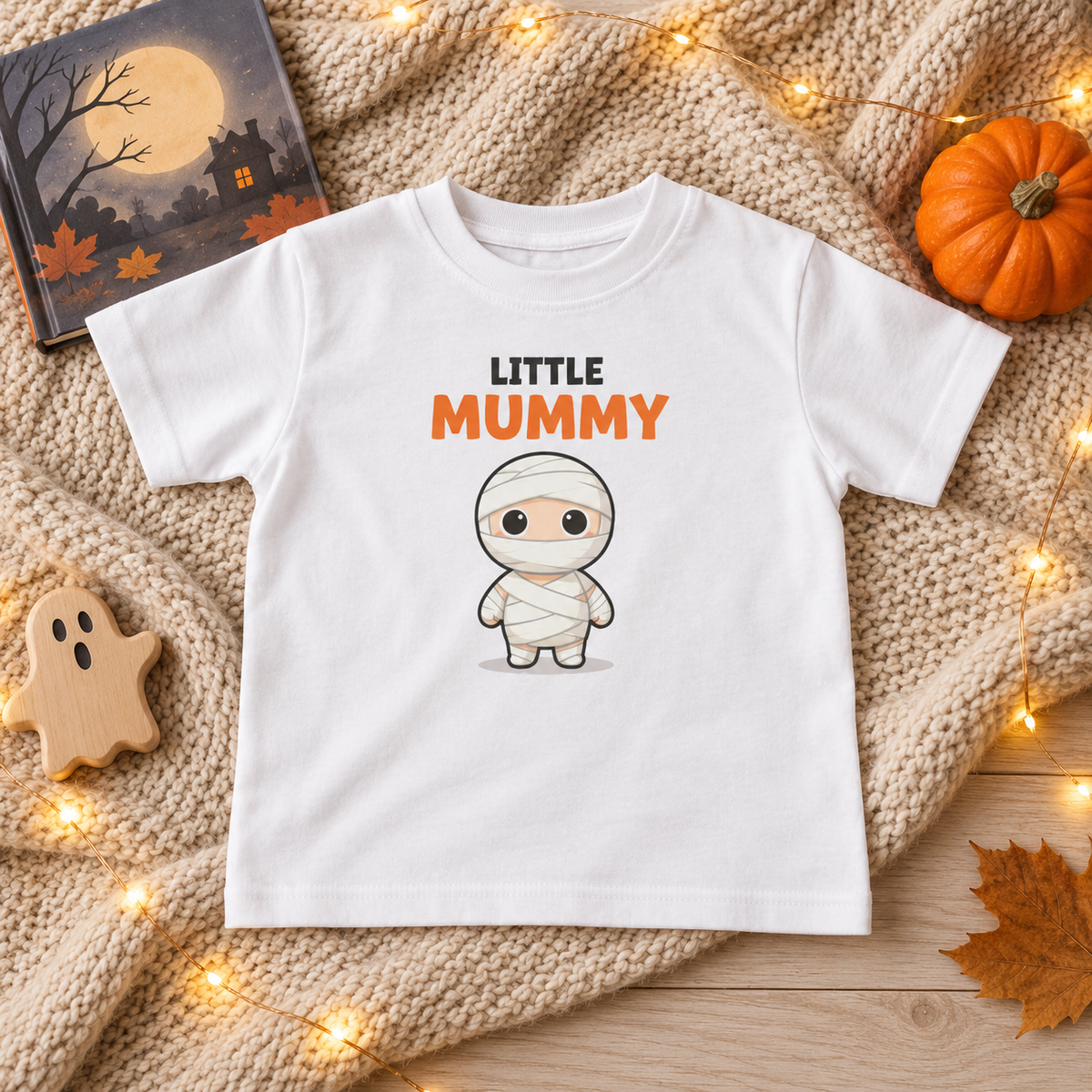 Toddler Little Mummy T-shirt flatlay with a cozy knit blanket, Halloween storybook, wooden ghost, and fairy lights