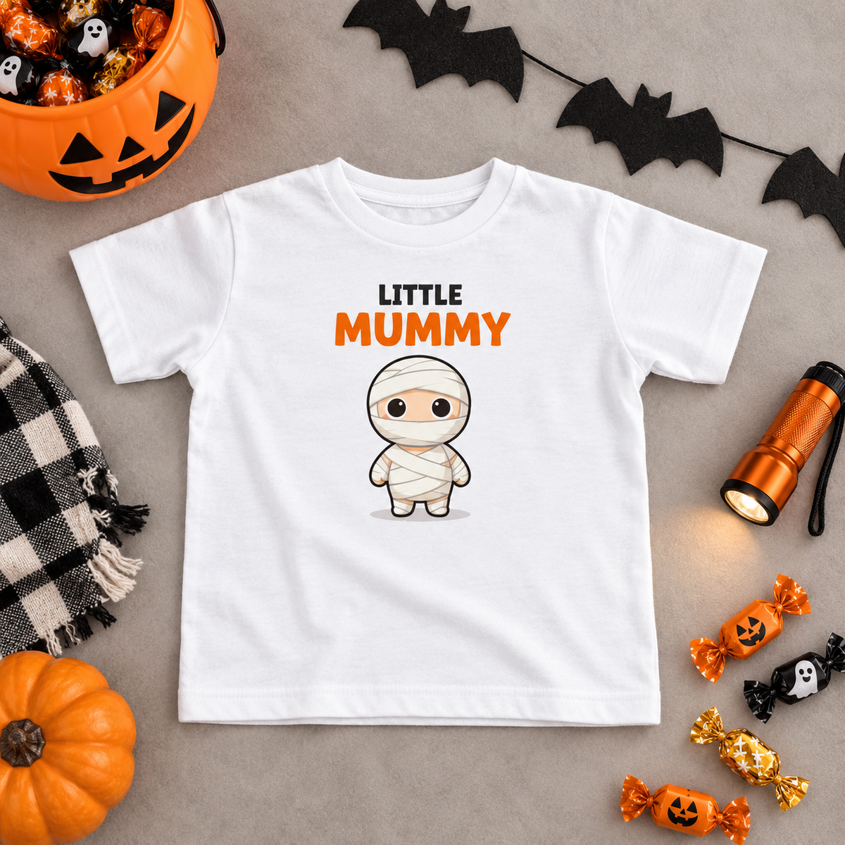 Toddler Little Mummy T-shirt flatlay with a Halloween candy bucket, bats, flashlight, and wrapped treats