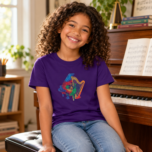 Girl wearing the Youth Piano and Harp Watercolor T-shirt in Team Purple beside a piano